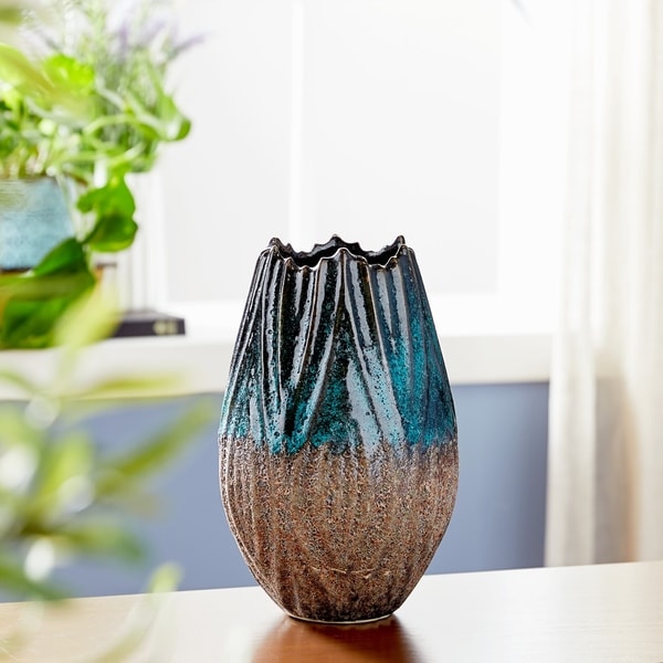 Studio 350 Ribbed, Round Ceramic Brown and Turquoise Vase, 6" x 10"