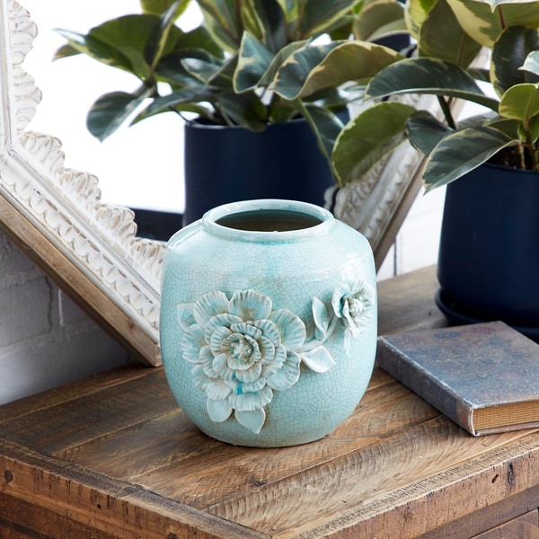 Studio 350 Crackle Glazed Aqua Colored Vintage Decorative Vase w/ Flower Relief Design