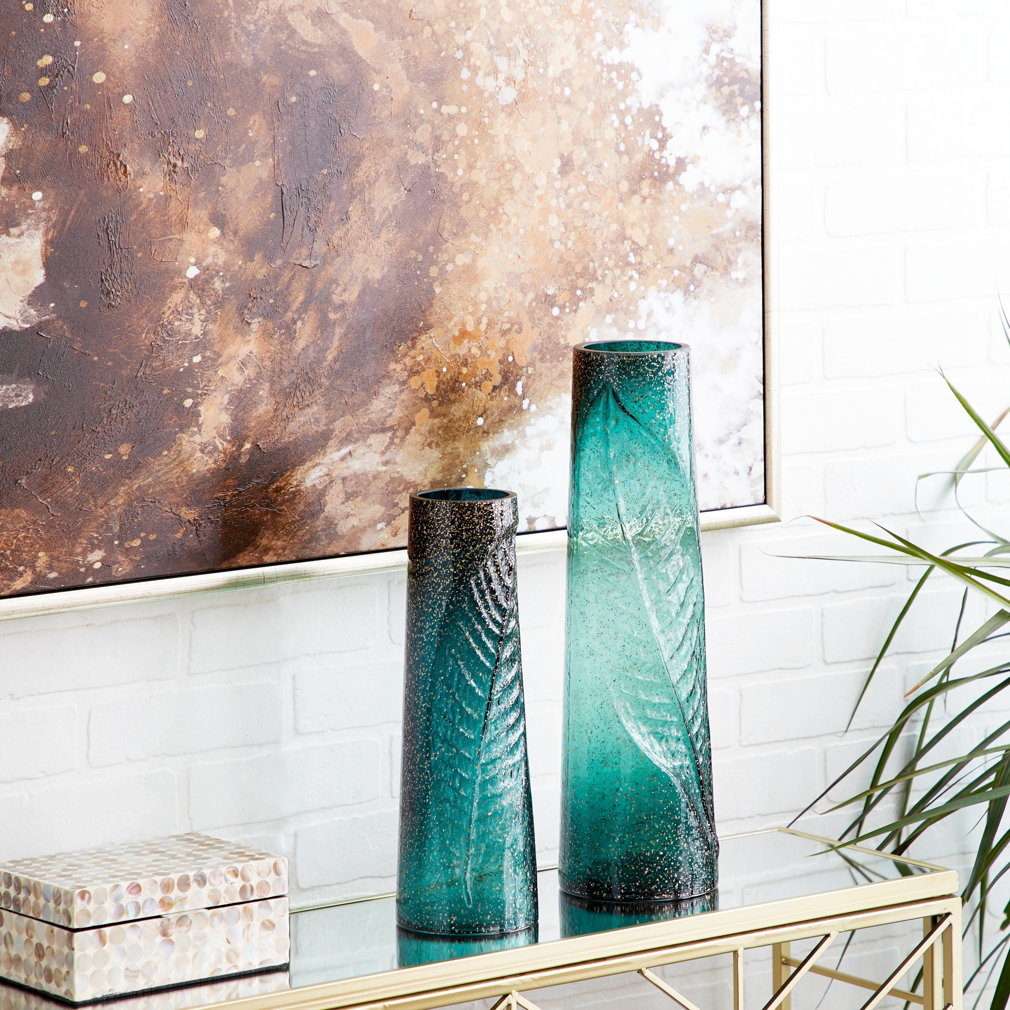 Shop Studio 350 Large Cylinder Gold Glitter And Green Glass Vases