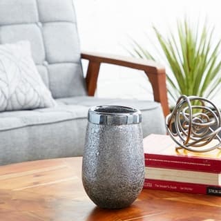 Studio 350 Modern Style Round Textured Metallic Silver Smoked Glass Vase Table Decor