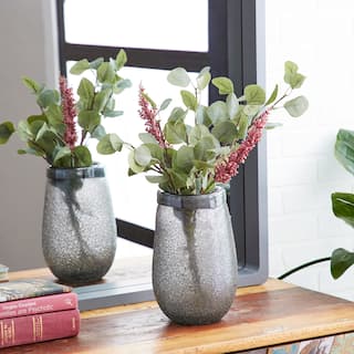 Studio 350 Modern Style Round Textured Metallic Silver Smoked Glass Vase Table Decor