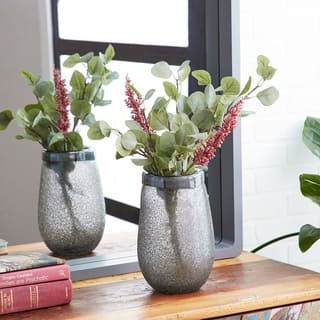 Studio 350 Modern Style Round Textured Metallic Silver Smoked Glass Vase Table Decor