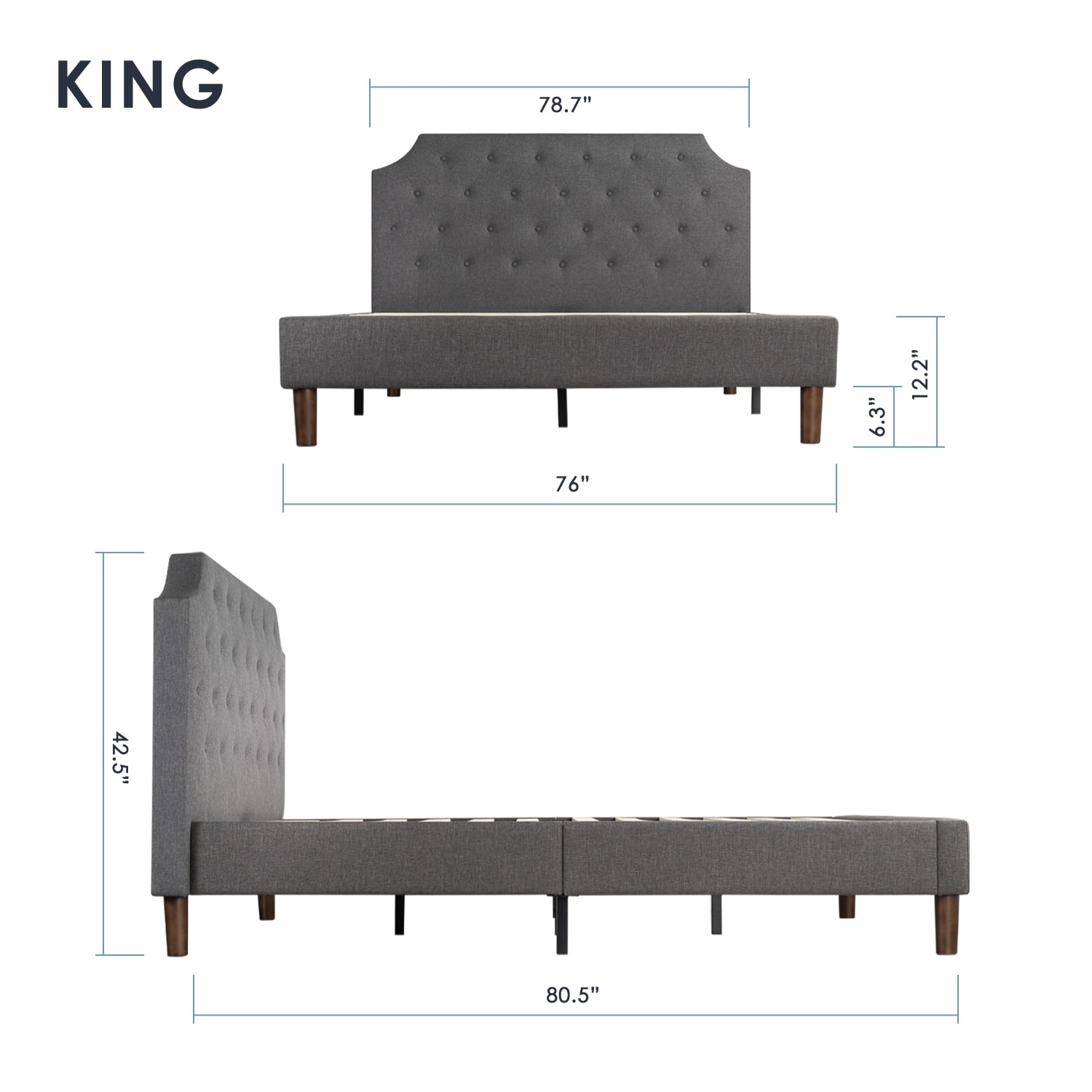 Modern Tufted Headboard Real Wooden Slats and Legs Mellow JANNE Upholstered Platform Bed Queen Classic Grey 