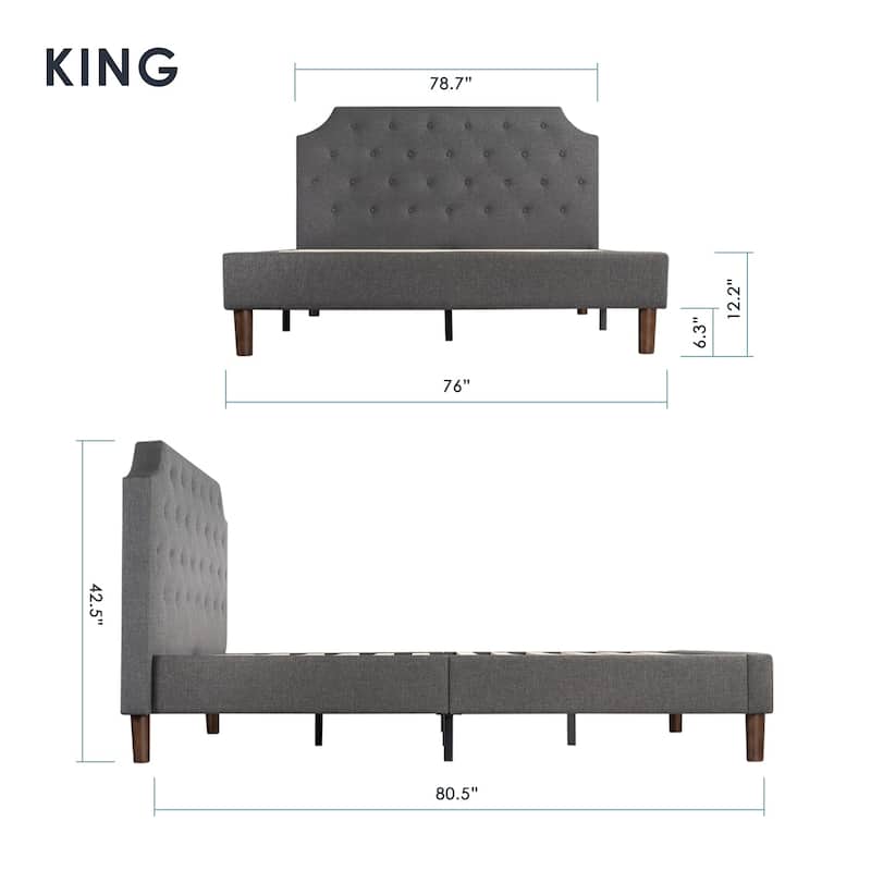Crown Comfort Dark Grey Modern Upholstered Tufted Platform Bed - King