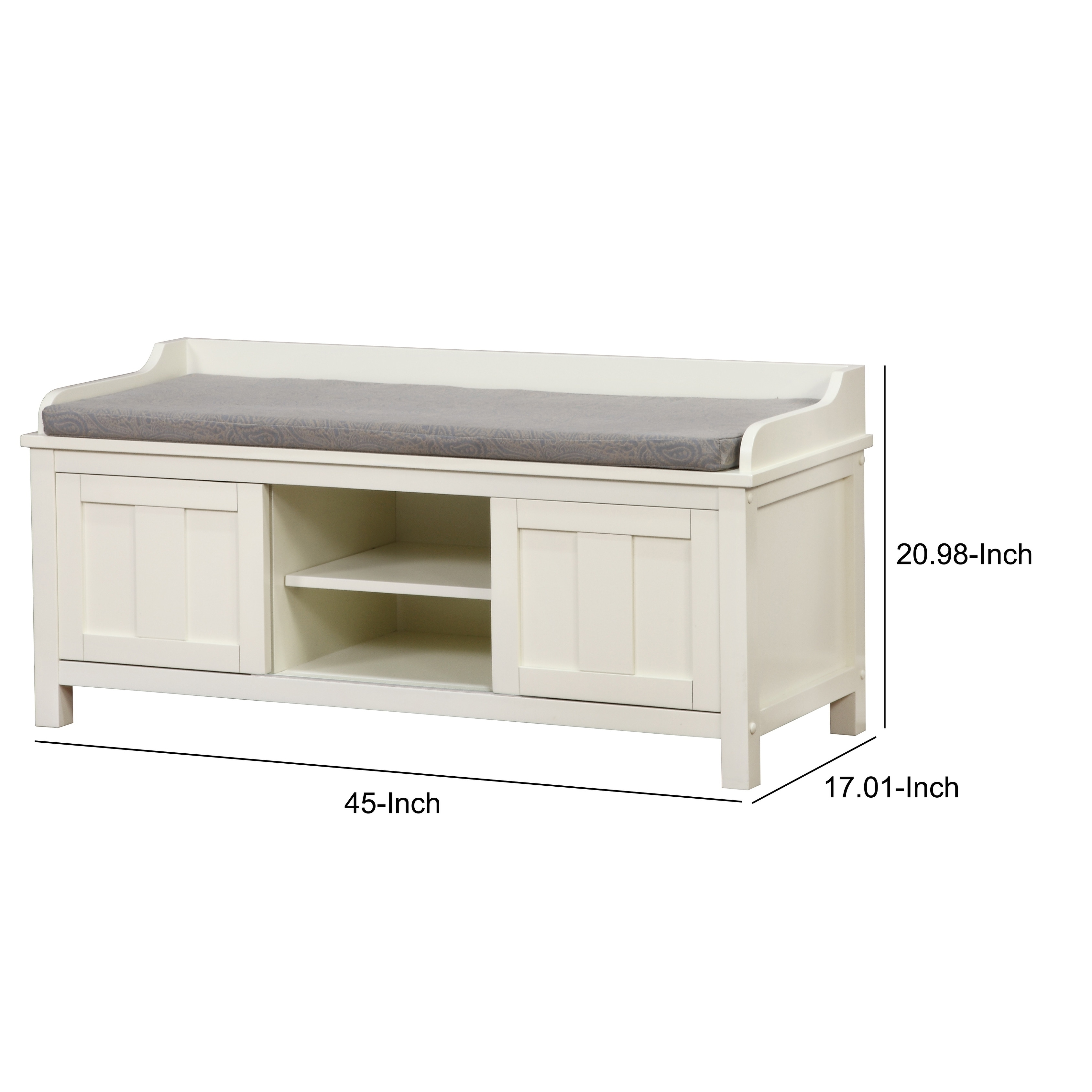 Wooden Storage Bench With Sliding Doors And Padded Seat