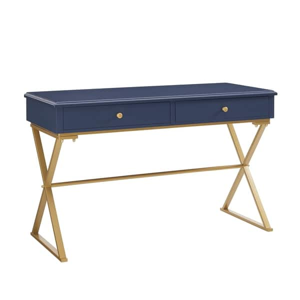 Shop Wood And Metal Rectangular Campaign Desk With 2 Drawer Blue