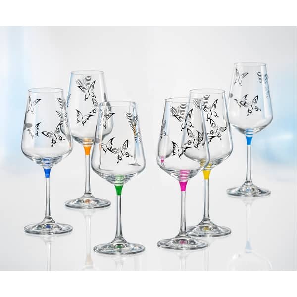 Majestic Gifts Inc. Set/6 Assorted Colors Butterfly Imprinted Wine Glasses- 12 oz. -Made in Europe