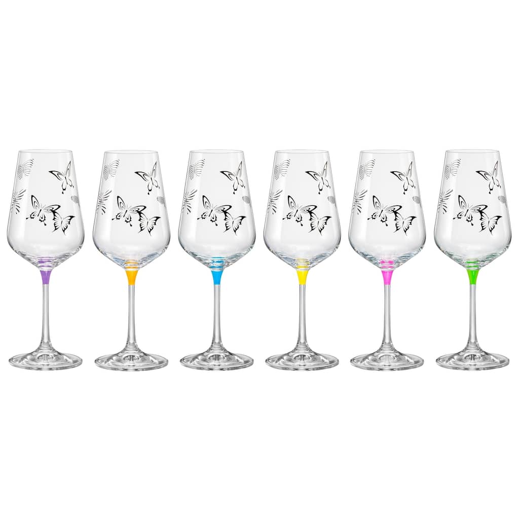 Majestic Gifts Inc. Set/6 assorted Colors Butterfly Imprinted Wine Glasses- 12 oz. -Made in Europe