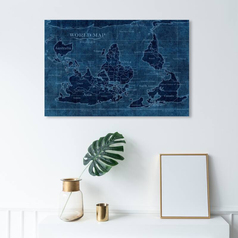 Wynwood Studio 'Upside-Down Map of the World' Maps and Flags Wall Art Canvas Print - Blue, Blue