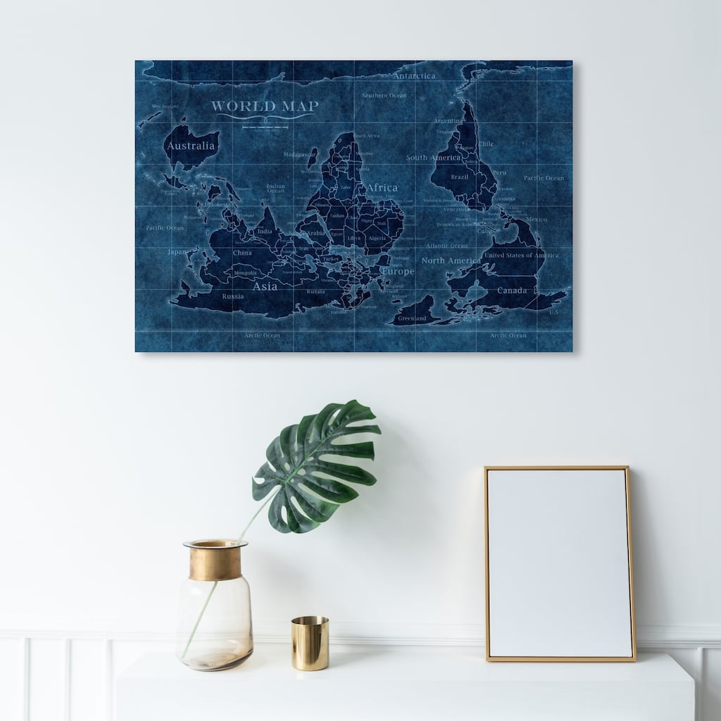 Wynwood Studio 'Upside-Down Map of the World' Maps and Flags Wall Art Canvas Print - Blue, Blue