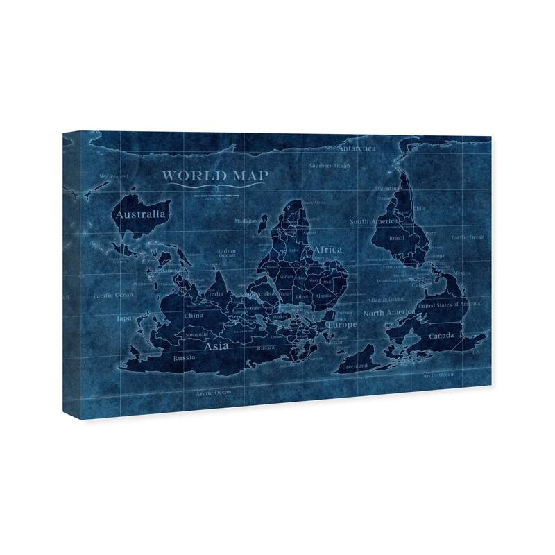 Wynwood Studio 'Upside-Down Map of the World' Maps and Flags Wall Art Canvas Print - Blue, Blue