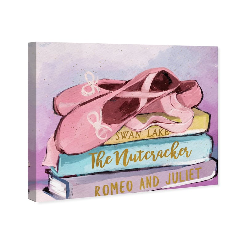 Wynwood Studio 'Ballerina Shoes and Books' Music and Dance Wall Art Canvas Print - Pink, Blue