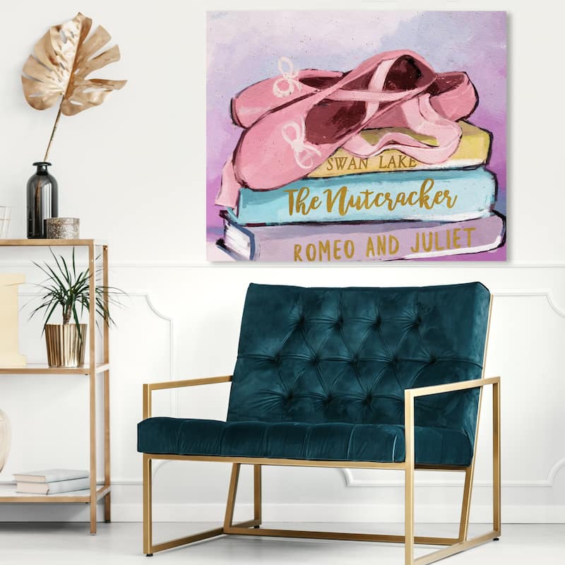 Wynwood Studio 'Ballerina Shoes and Books' Music and Dance Wall Art Canvas Print - Pink, Blue - 30 x 20