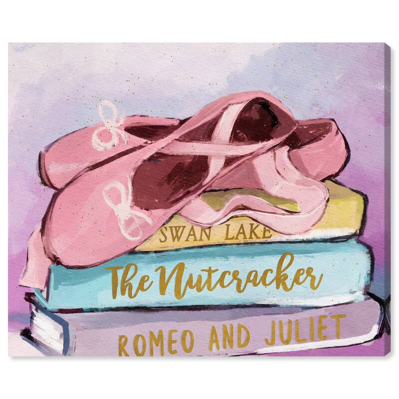 Wynwood Studio 'Ballerina Shoes and Books' Music and Dance Wall Art Canvas Print - Pink, Blue