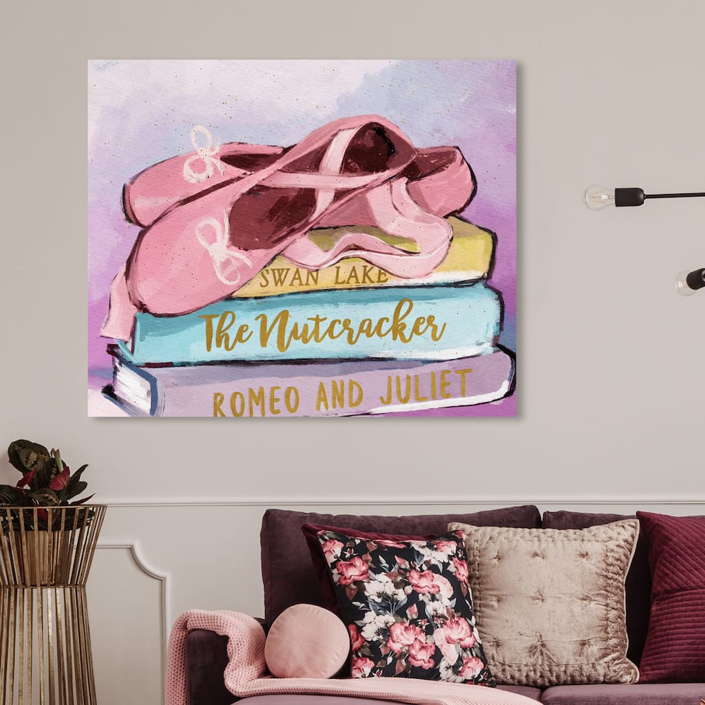 Wynwood Studio 'Ballerina Shoes and Books' Music and Dance Wall Art Canvas Print - Pink, Blue