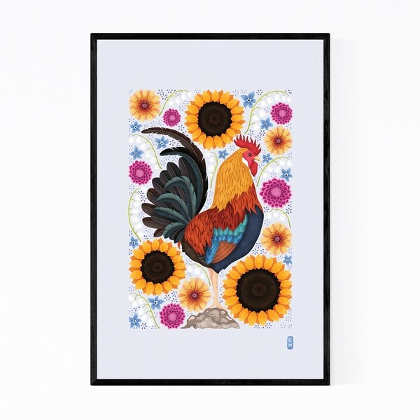 Noir Gallery Rustic Farm Rooster Sunflowers Minimal Framed Art Print