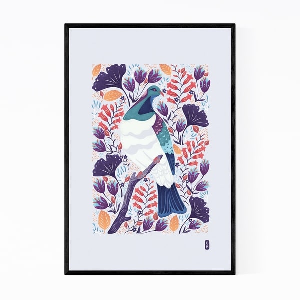 Noir Gallery New Zealand Wood Pigeon Bird Floral Framed Art Print