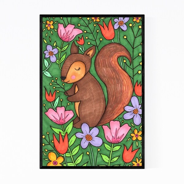 Noir Gallery Cute Squirrel Animal Floral Botanical Framed Art Print