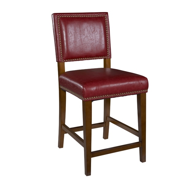 Wooden and Leatherette Bar Stool with Nailhead Trim, Red and Brown. Opens flyout.