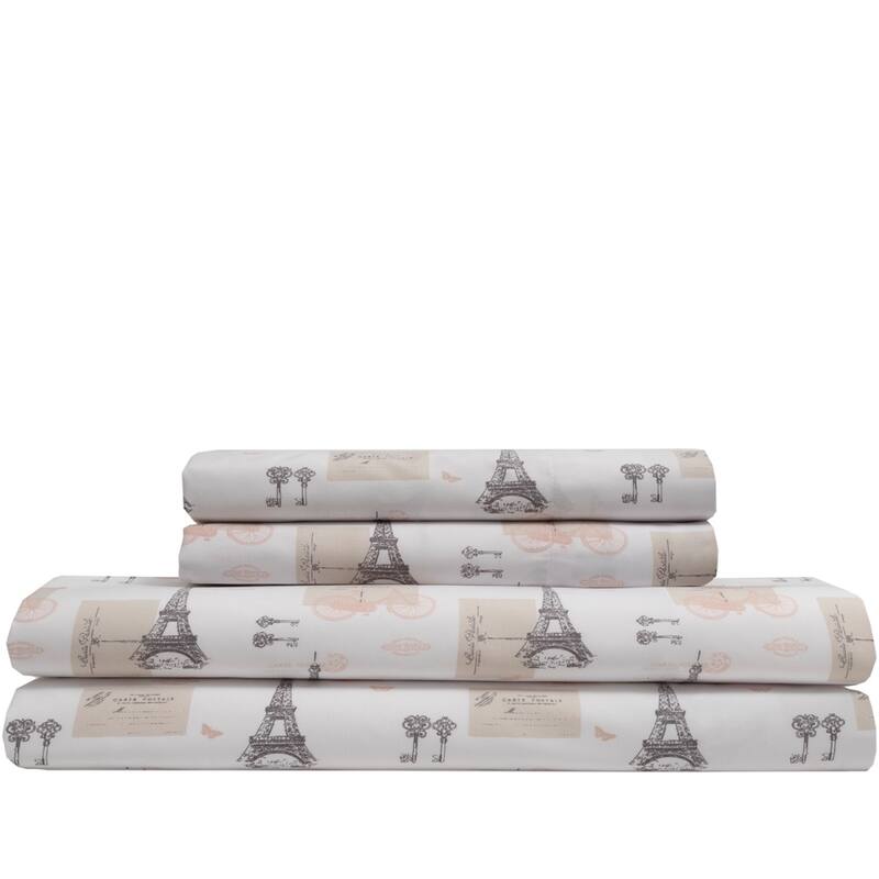 Whimsical Graphic Print Microfiber Bed Sheet Set - Pink - Full