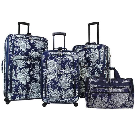 Navy White Flower 4-Piece Expandable Spinner Upright Luggage Set