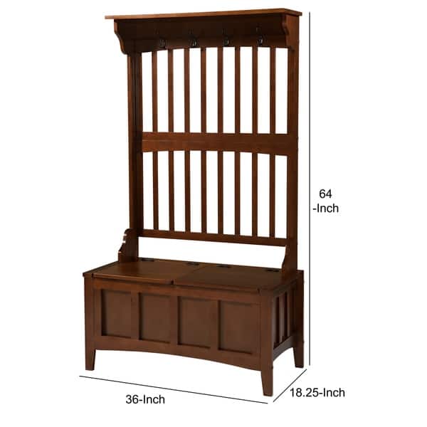 Wooden Hall Tree with Storage Bench and Four Metal Hooks, Brown ...