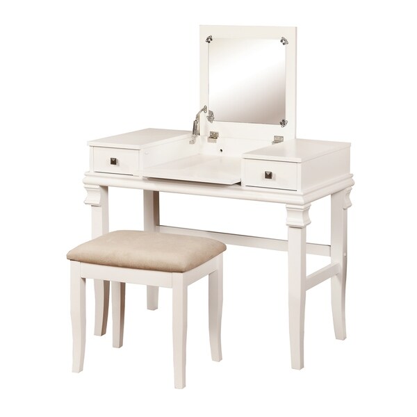 Wooden Vanity Set with Flip Top Mirror and 2 Drawers, White and Beige