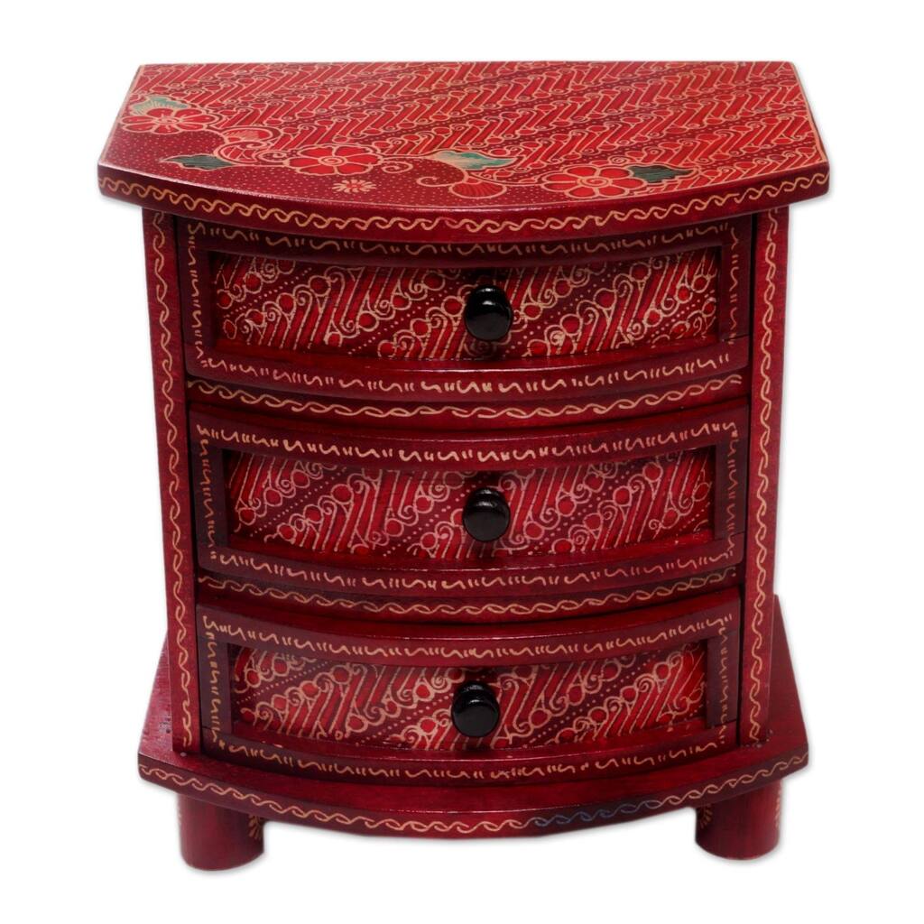 NOVICA Handmade Scarlet Scrolls Wood Batik Jewelry Box (indonesia) - 8.75" H x 7.75" W x 5.5" D