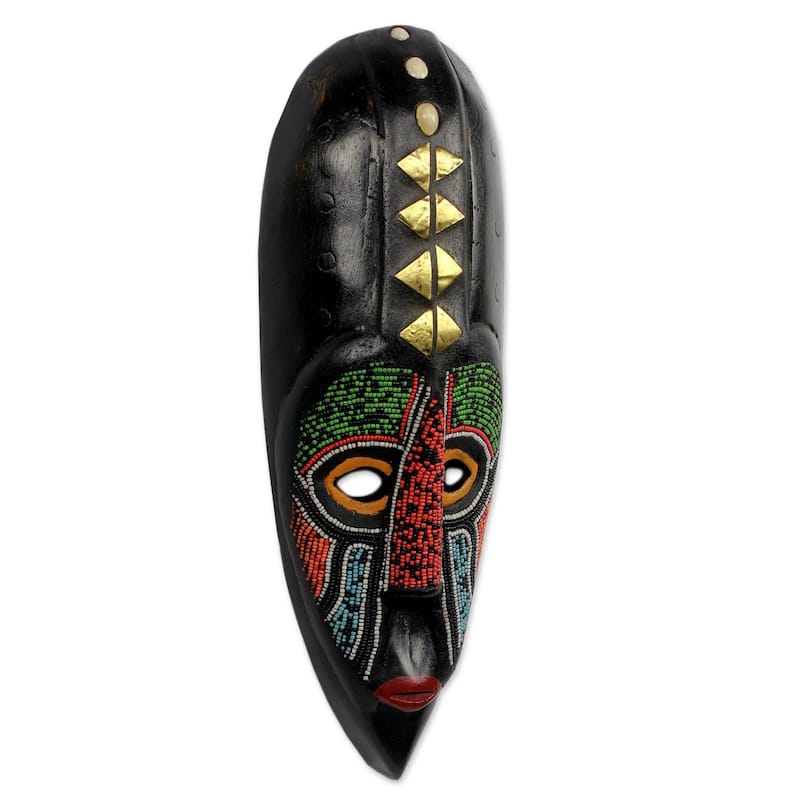 Handmade Akan Authority African Beaded Wood Mask (Ghana)