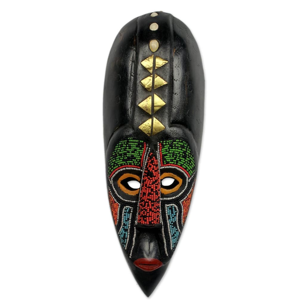 Handmade Akan Authority African Beaded Wood Mask (Ghana)