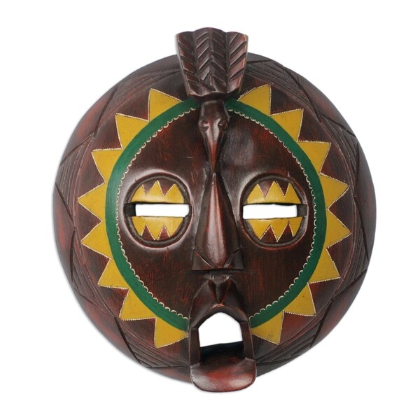 NOVICA Hand Carved Brown Wood Ghanaian Wall Mask with Aluminum Accents Mbara Hunter