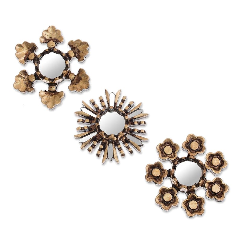 Handmade Floral Reflection Bronze Gilded Cedar Wood Mirrors, Set of 3 (Peru) - 4.1 " H x 4.1" W x 1.0 " D