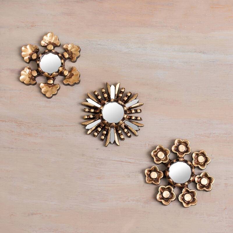 Handmade Floral Reflection Bronze Gilded Cedar Wood Mirrors, Set of 3 (Peru) - 4.1 " H x 4.1" W x 1.0 " D