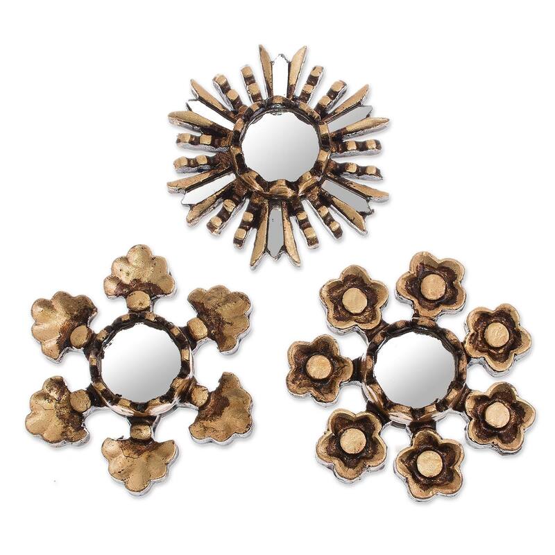 Handmade Floral Reflection Bronze Gilded Cedar Wood Mirrors, Set of 3 (Peru) - 4.1 " H x 4.1" W x 1.0 " D