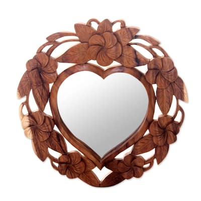 Handmade Frangipani Heart Wood Mirror (Indonesia) - 15.25" H x 15.0" W x 0.8" D