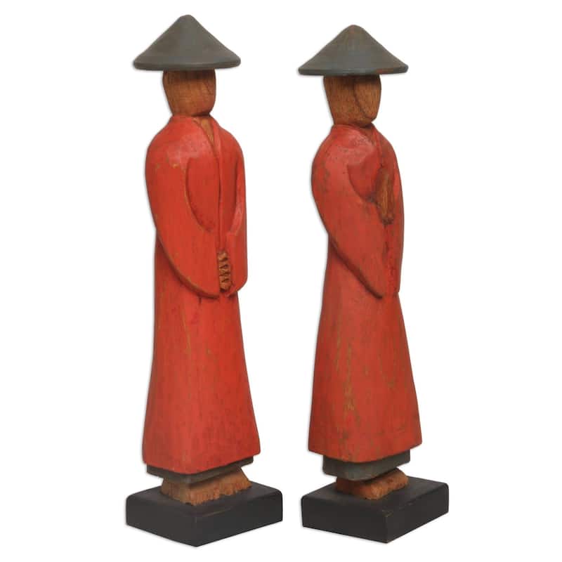 Handmade Neighborly Couple Wood Statuettes, Set of 2 (Indonesia) - 9.5" H x 2" W x 2.4" D