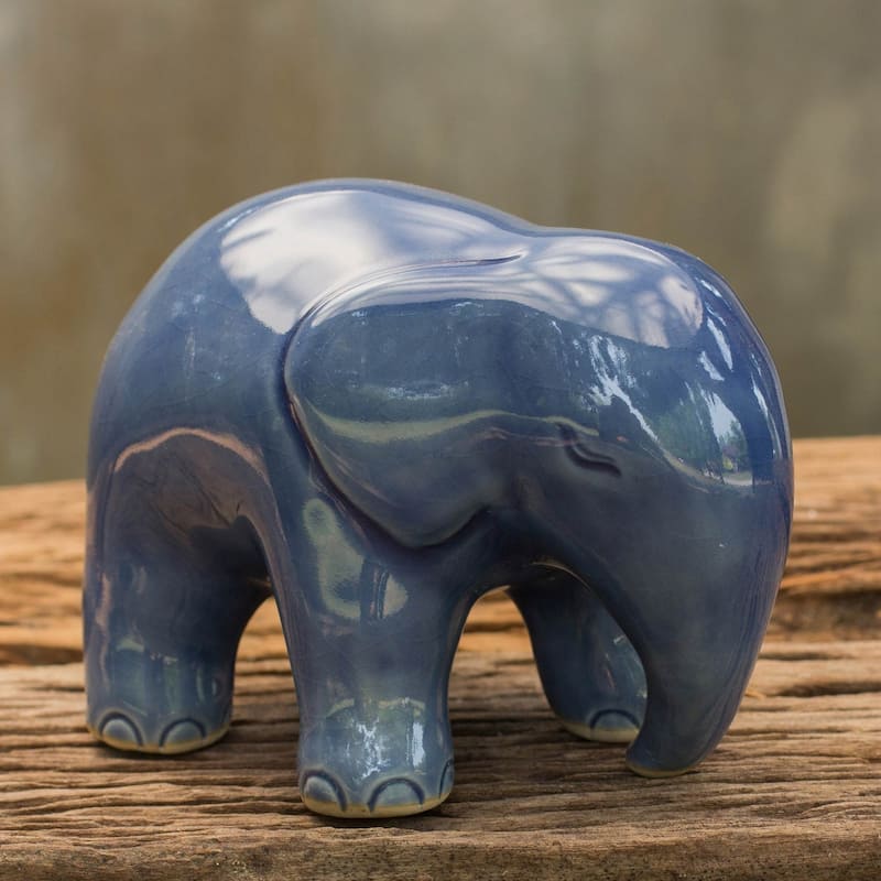 Handmade Sapphire Elephant Celadon Ceramic Figurine (Thailand)