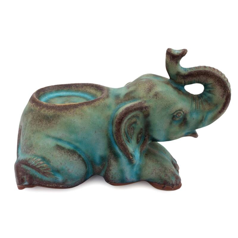 Handmade Reclining Turquoise Elephant Ceramic Tealight Holder (Thailand)