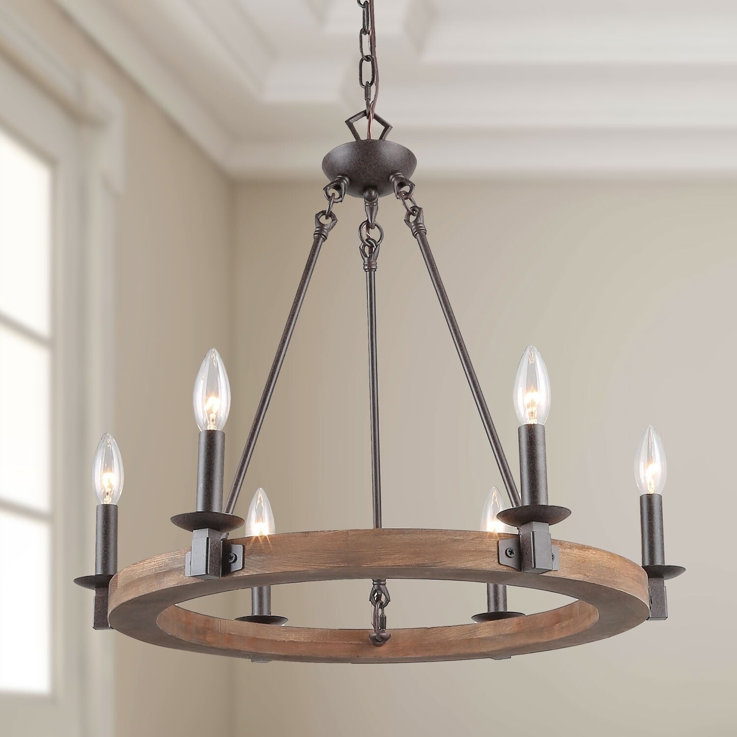 The Gray Barn Silver Vista 6-light Farmhouse Wood Pendant Chandelier Lighitng for Kitchen (D31.1" X H32.7") - Chandeliers For Bedrooms by Overstock.com