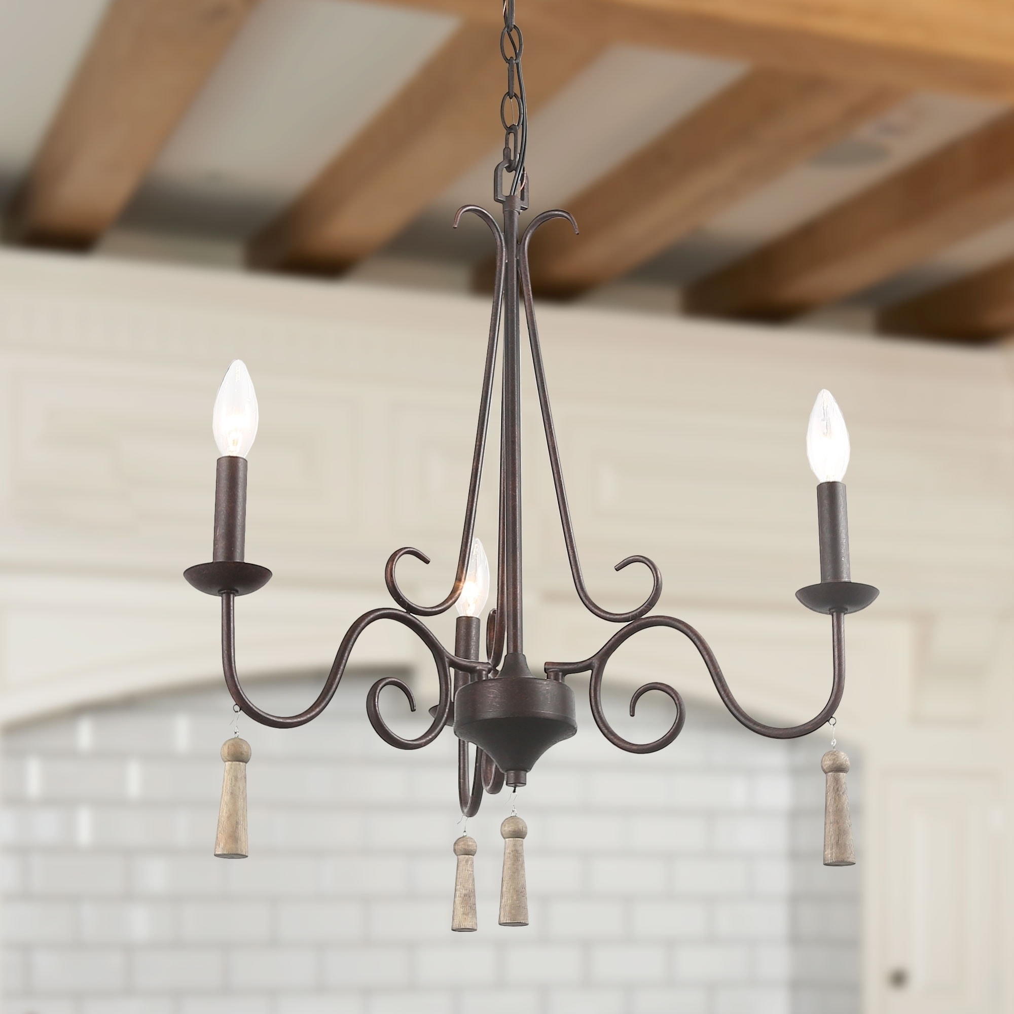 The Gray Barn Hickory Cottage Transitional Chandelier 3 Lights Wood Pendant for Dining - Chandeliers For Bedrooms by Overstock.com