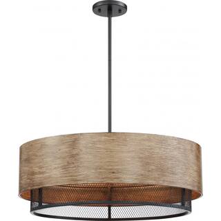 Barrique 5-Light Pendant Fixture Black with Honey Wood Finish