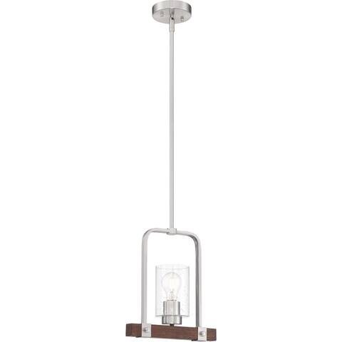 Arabel 1-Light Mini Pendant Fixture Brushed Nickel and Nutmeg Wood Finish with Clear Seeded Glass