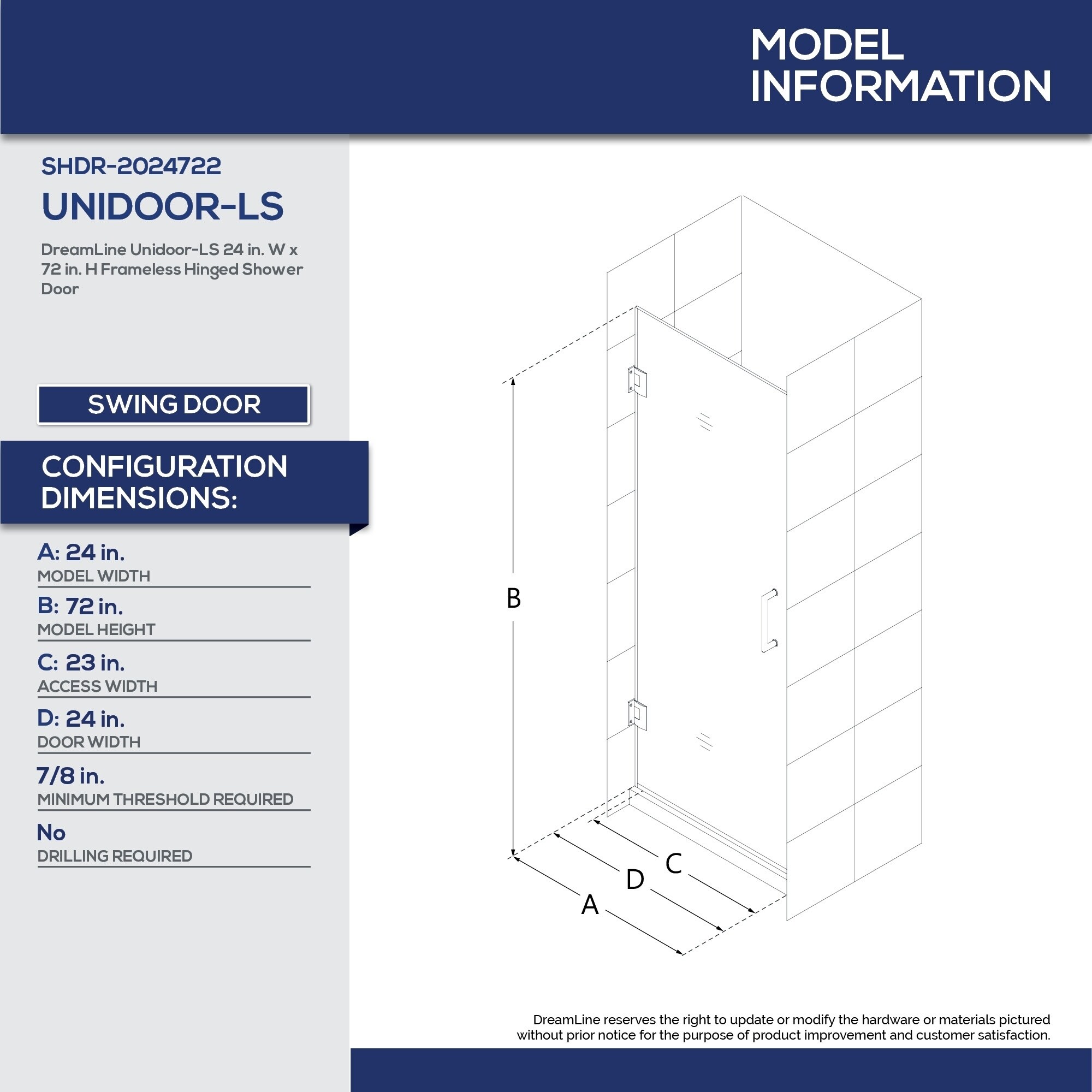 Shop Dreamline Unidoor Ls 24 In W X 72 In H Frameless Hinged