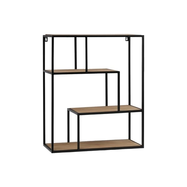 UTC61102: Metal Rectangle Wall Shelf with Top Wood Layer, 3 Wooden Shelves Surface Tier Coated Finish Black - N/A