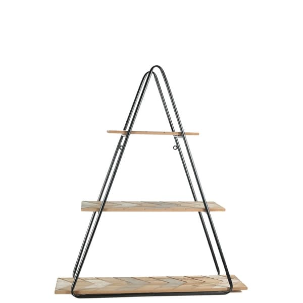 UTC57843: Metal Triangle Wall Shelf with Carved Wood Surface Design Tiers Painted Finish Black - N/A
