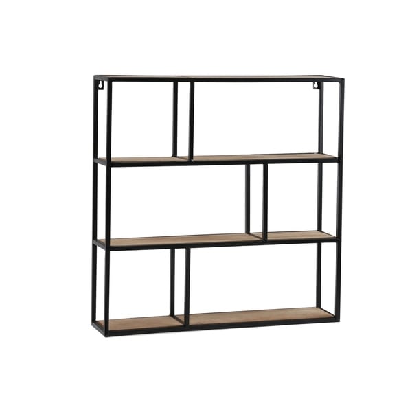 UTC61103: Metal Square Wall Shelf with Top Wood Layer, 6 Wooden Shelves Surface Tier Coated Finish Black - N/A