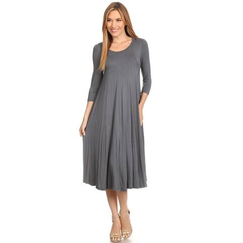 Solid Casual Basic Comfy 3/4 Sleeve Loose Fit A-line Midi Dress
