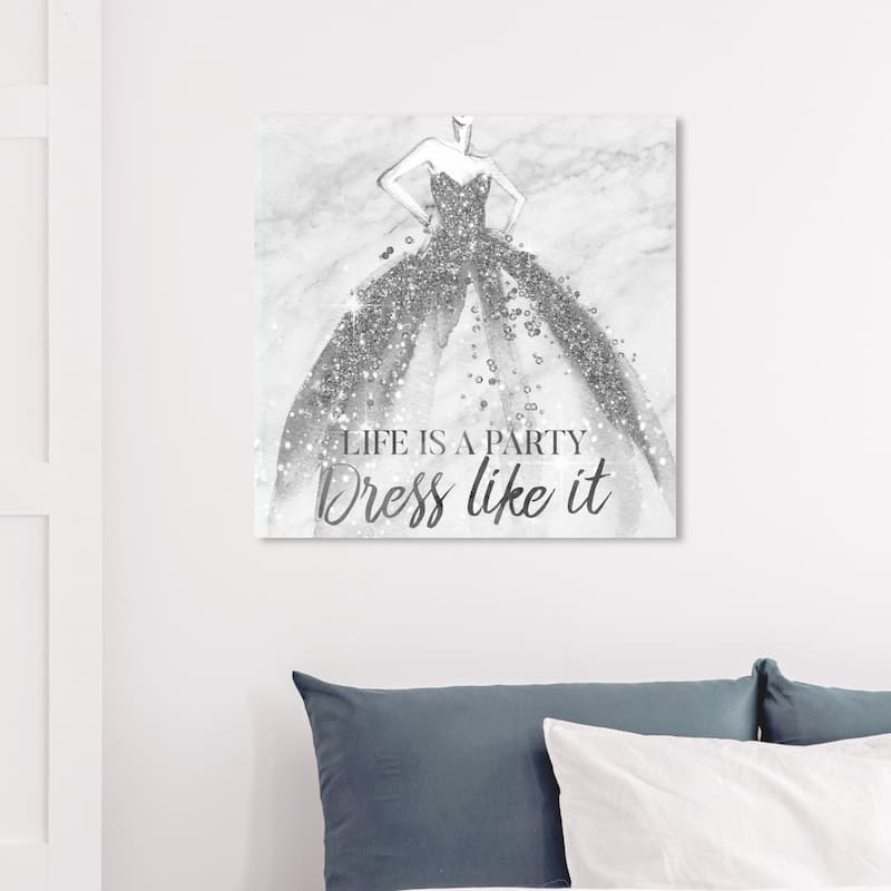 Wynwood Studio 'Life is a Party Silver' Fashion and Glam Wall Art Canvas Print - Gray, White