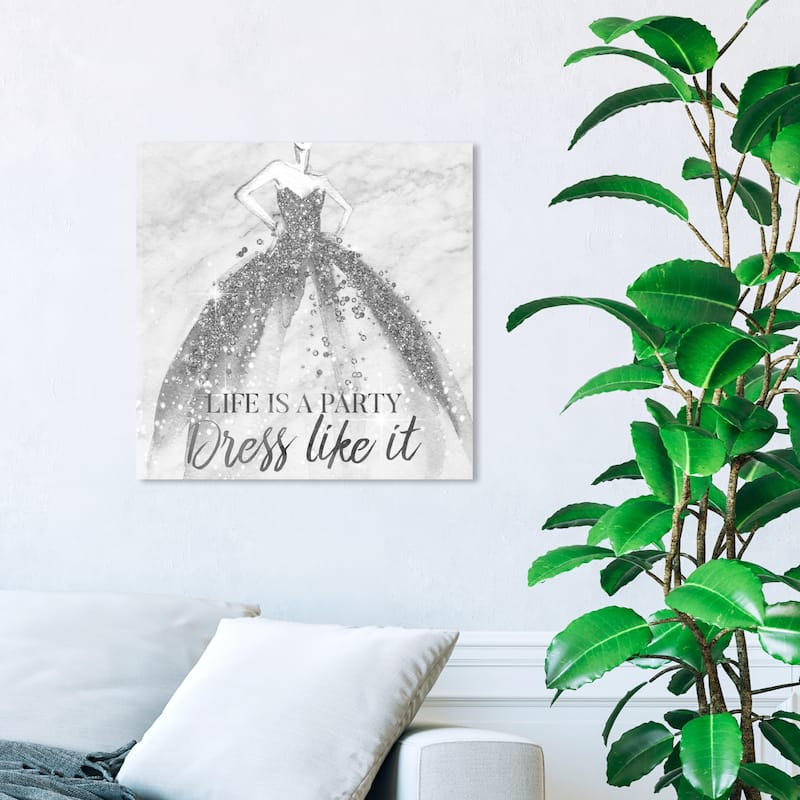 Wynwood Studio 'Life is a Party Silver' Fashion and Glam Wall Art Canvas Print - Gray, White - 20 x 20