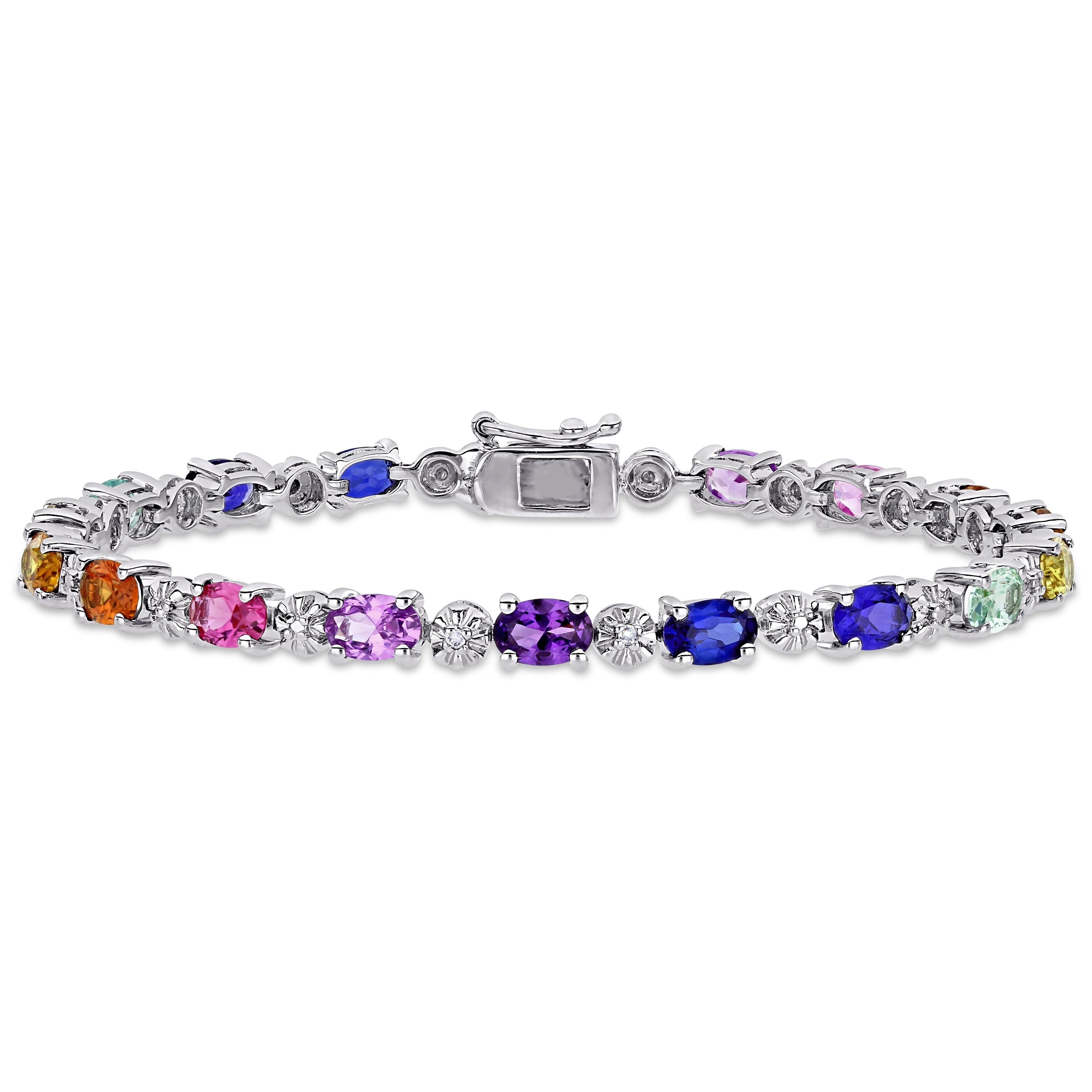 Miadora Sterling Silver Multi-Color Created Sapphire and Diamond Tennis Bracelet